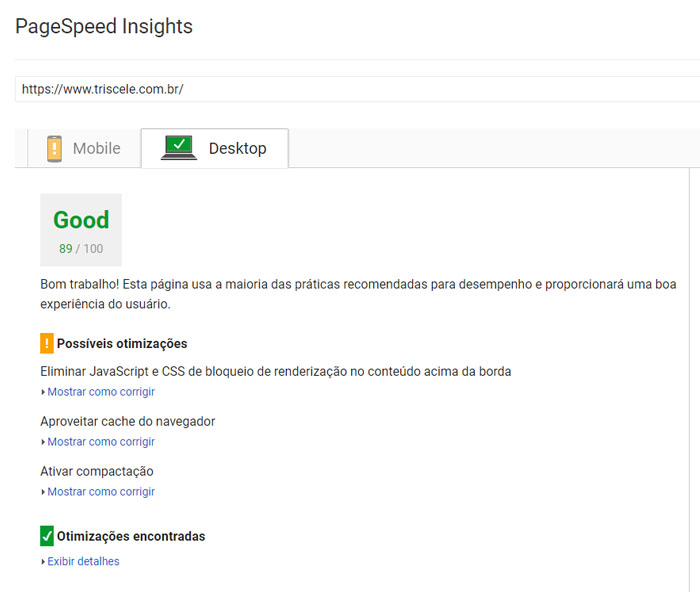 Como evitar erros comuns de SEO - Google PageSpeed Insights - Tríscele